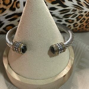 Stainless Steel Silver/Gold Cable Bracelet with Black Crystal Stone.